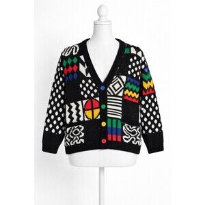 Vintage 90s Geometric Patchwork Cardigan Oversized Art Sweater Colorful Button
